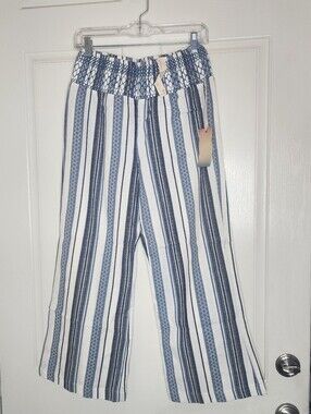 Kiss & Cry Coastal Striped Wide Leg Beach Pants Smocked Waist Size Small